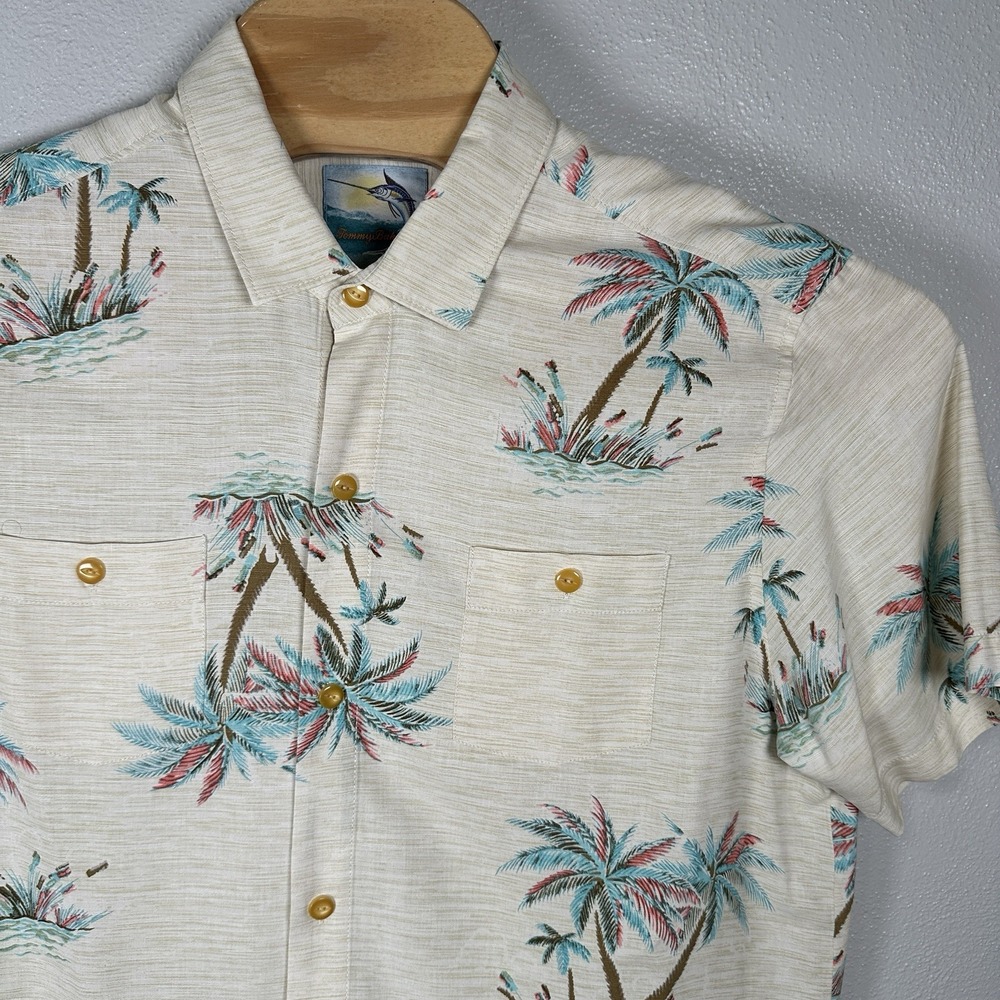 Tommy Bahama Tropical Palm Tree Print 100% Silk Hawaiian Camp Shirt Mens Large